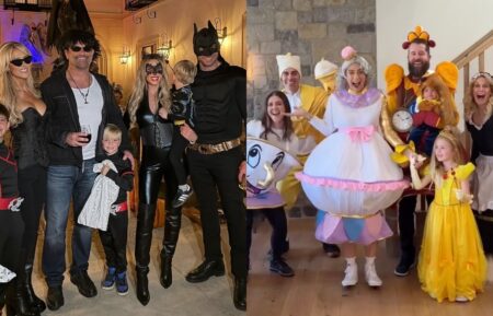 Christina Haack, Christopher Larocca, Heather Rae El Moussa, and Tarek El Moussa take kids Brayden, Hudson, and Tristan trick-or-treating, Instagram , November 1, 2025; Jasmine Roth, Brett Roth, and family Halloween costumes, Instagram, October 31, 2025.