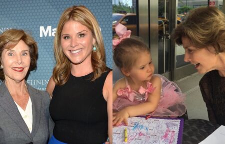 Former First Lady of the United States Laura Bush and daughter author Jenna Bush Hager attend the 2014 Social Good Summit at 92Y on September 22, 2014 in New York City; Jenna Bush Hager's daughter Mila and Laura Bush, Instagram, November 4, 2025.