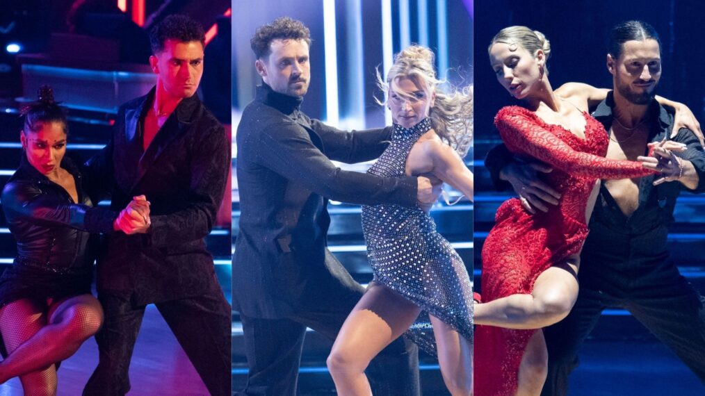 Jordan Chiles, Ezra Sosa, Dylan Efron, Daniella Karagach, Alix Earle, and Val Chmerkovskiy on the November 18, 2025, episode of ABC's 'Dancing With the Stars.'