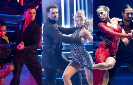 Jordan Chiles, Ezra Sosa, Dylan Efron, Daniella Karagach, Alix Earle, and Val Chmerkovskiy on the November 18, 2025, episode of ABC's 'Dancing With the Stars.'