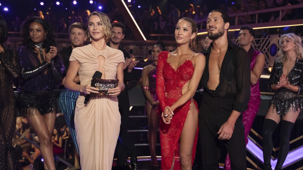 Julianne Hough, Alix Earle, and Val Chmerkovskiy on Season 34, Episode 10, of ABC's 'Dancing With the Stars,' November 18, 2025.
