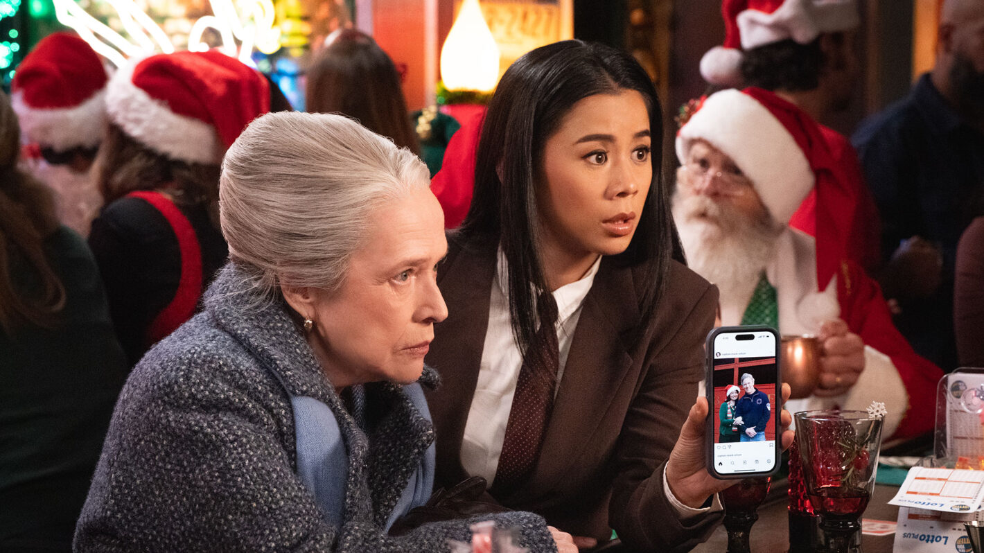 “A Christmas Gift, of Sorts” -- Coverage of the CBS Original Series MATLOCK, scheduled to air on the CBS Television Network. Pictured (L-R): Kathy Bates as “Madeline Matlock” and Leah Lewis as “Sarah Franklin.