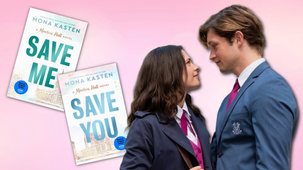 Ruby and James in Maxton Hall Season 2 next to 'Save Me' and 'Save You' book covers