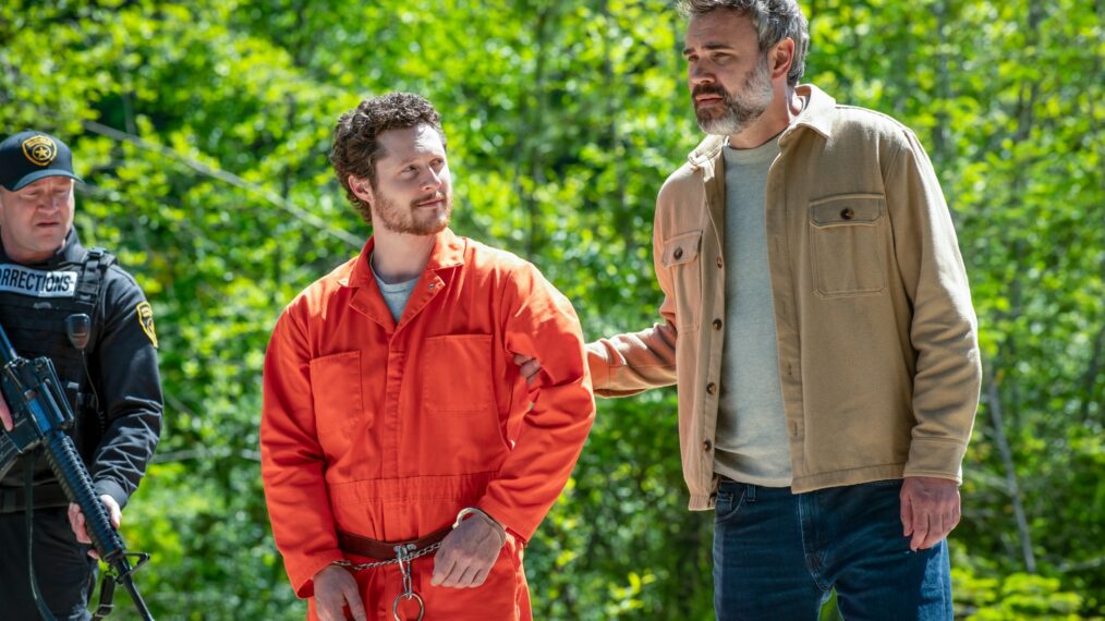 MURDER IN A SMALL TOWN: L-R: Guest star Patrick Roccas, guest star Noah Reid, and Rossif Sutherland in the 'Masterpiece' episode of MURDER IN A SMALL TOWN airing Tuesday, Nov. 18 (8:00-9:00PM ET/PT) on FOX. ©2025 Fox Media LLC. CR: Kailey Schwerman/ FOX.