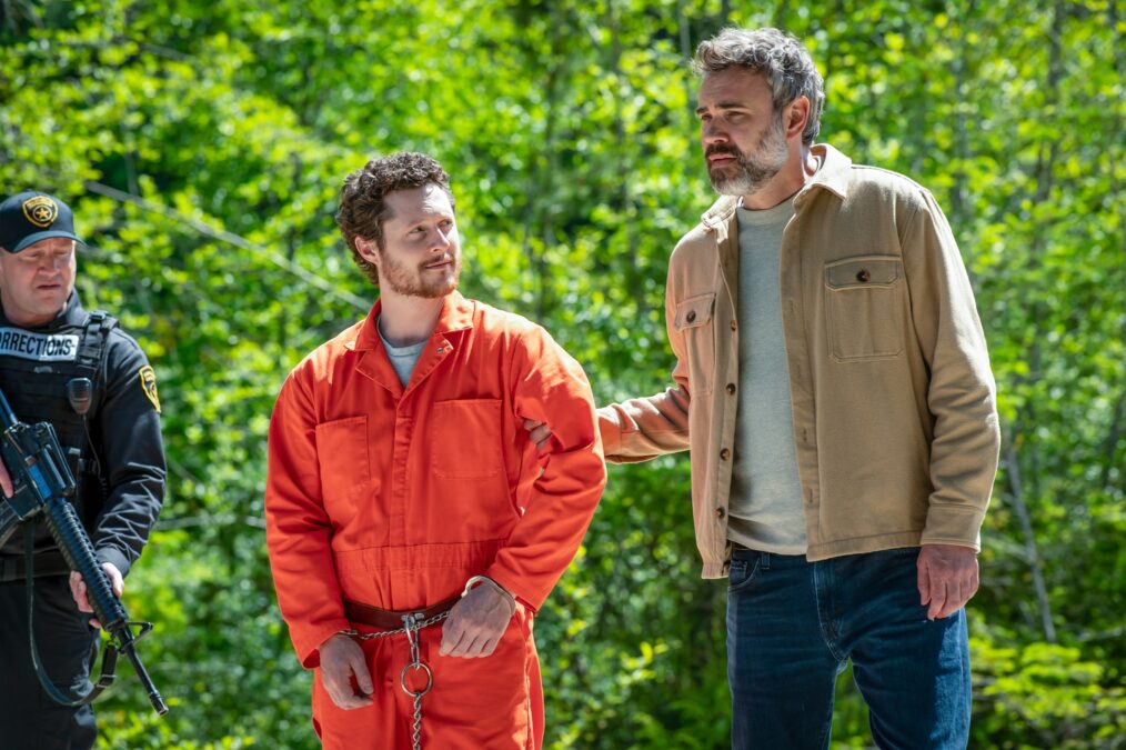 MURDER IN A SMALL TOWN: L-R: Guest star Patrick Roccas, guest star Noah Reid, and Rossif Sutherland in the 