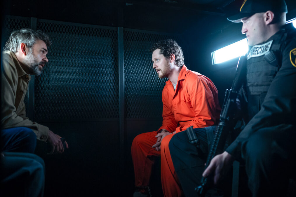 MURDER IN A SMALL TOWN: L-R: Rossif Sutherland, guest star Noah Reid, and guest star Patrick Roccas in the 