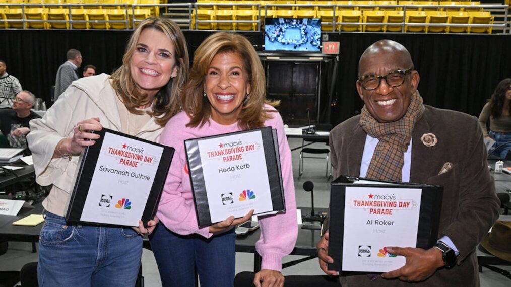Savannah Guthrie, Hoda Kotb, and Al Roker rehearsing for the 2025 Macy's Thanksgiving Day Parade, NBC, November 20, 2025.