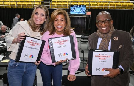 Savannah Guthrie, Hoda Kotb, and Al Roker rehearsing for the 2025 Macy's Thanksgiving Day Parade, NBC, November 20, 2025.