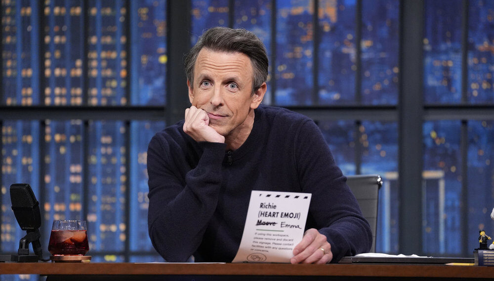 LATE NIGHT WITH SETH MEYERS -- Episode 1731 -- Pictured: Host Seth Meyers during 'Corrections' on November 13, 2025 -- (Photo by: Lloyd Bishop/NBC)
