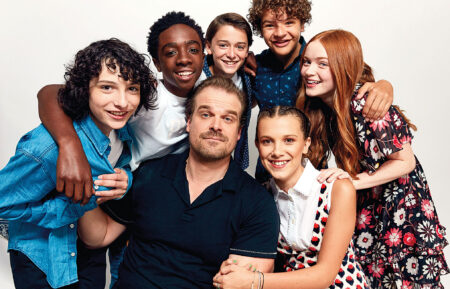 Stranger Than Fiction SAN DIEGO, CA - JULY 22: (Back row L-R) Actors Finn Wolfhard, Caleb McLaughlin, Noah Schnapp, Gaten Matarazzo, Sadie Sink, (front row L-R) David Harbour and Millie Bobby Brown from Netflix's 'Stranger Things' pose for a portrait during Comic-Con 2017 at Hard Rock Hotel San Diego on July 22, 2017