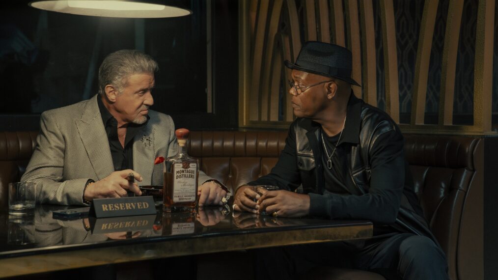 Sylvester Stallone as Dwight Manfredi and Samuel L. Jackson as Russell Lee Washington Jr. in the Paramount+ original series TULSA KING. Photo Credit: Brian Douglas/Paramount+. ©2025 Viacom International Inc. All Rights Reserved.