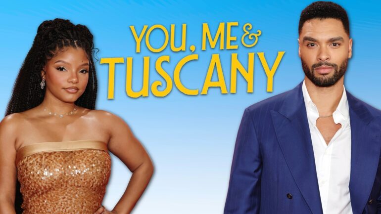 Halle Bailey and Rege-Jean Page next to 'You, Me, and Tuscany' logo