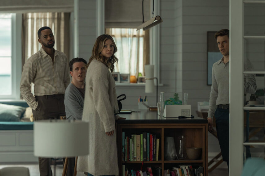 ALL HER FAULT -- Episode 105 -- Pictured: (l-r) Jay Ellis as Colin Dobbs, Daniel Monks as Brian Irvine, Abby Elliott as Lia Irvine, Jake Lacy as Peter Irvine