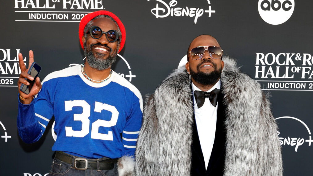 André 3000 and Big Boi at the 2025 Rock and Roll Hall of Fame Induction Ceremony at Peacock Theater in Los Angeles on November 8, 2025
