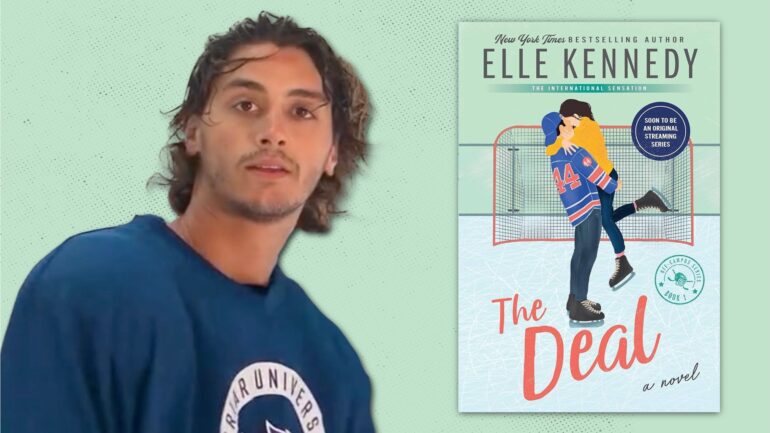 Antonio Cipriano as John Logan next to Elle Kennedy's 'The Deal' book cover
