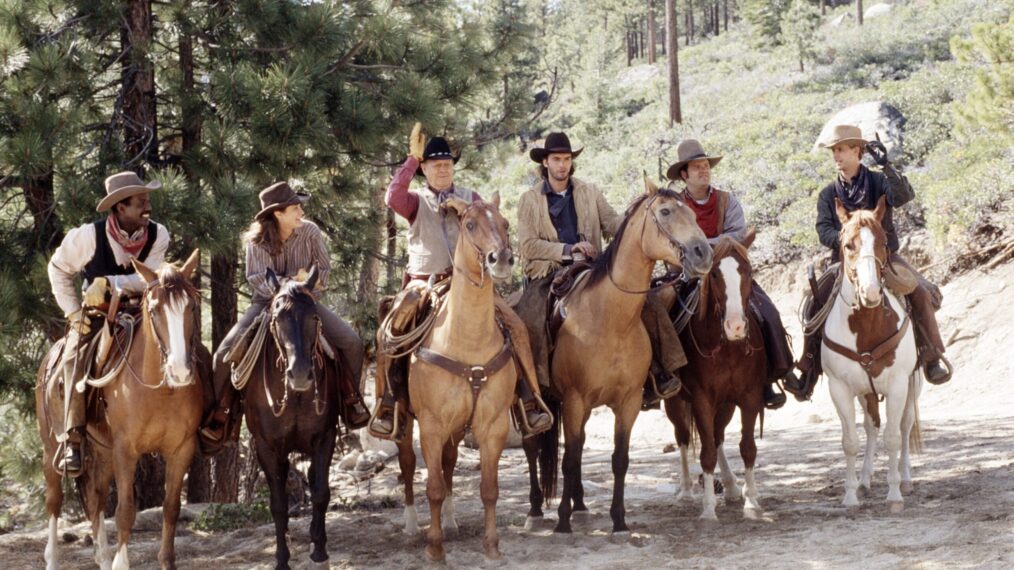 BONANZA: THE RETURN, from left, Richard Roundtree, Emily Warfield, Ben Johnson, Alistair MacDougall, Dirk Blocker, Michael Landon, Jr., aired November 28, 1993.