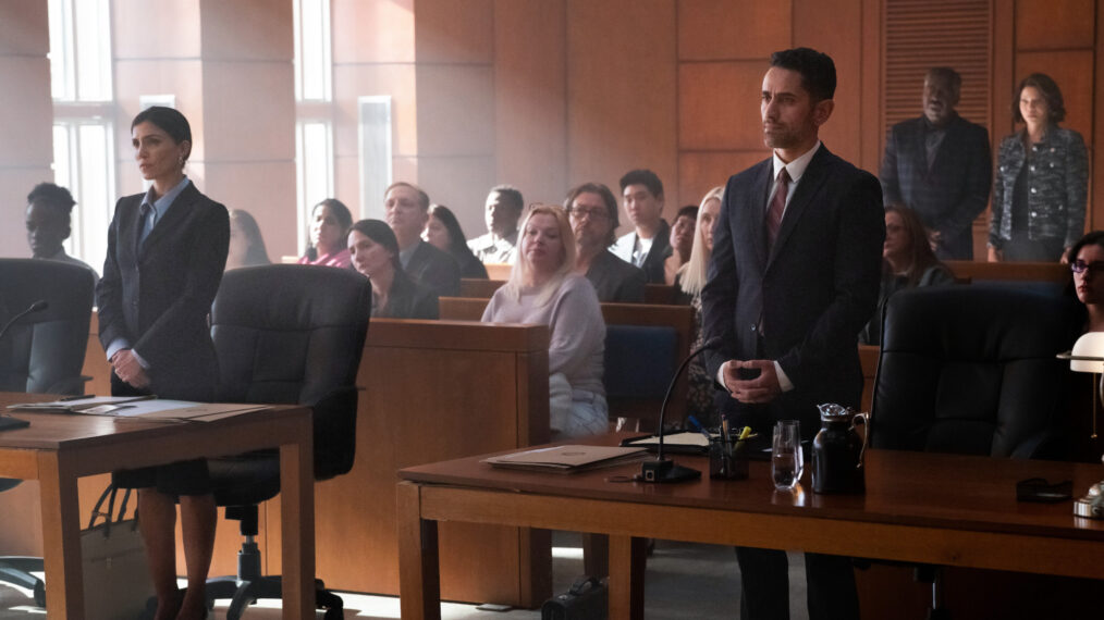 Nazneen Contractor as Ada Nadra Ali, Ali Momen as Julien Singelton, Ernie Hudson as Reverend Edwin Peters and Gloria Reuben as Mae Silver-Peters in 'Boston Blue' Season 1 Episode 9