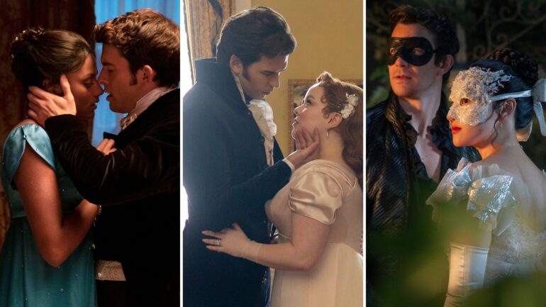 Simone Ashley and Jonathan Bailey, Nicola Coughlan and Luke Newton, Luke Thompson and Yerin Ha on 'Bridgerton'