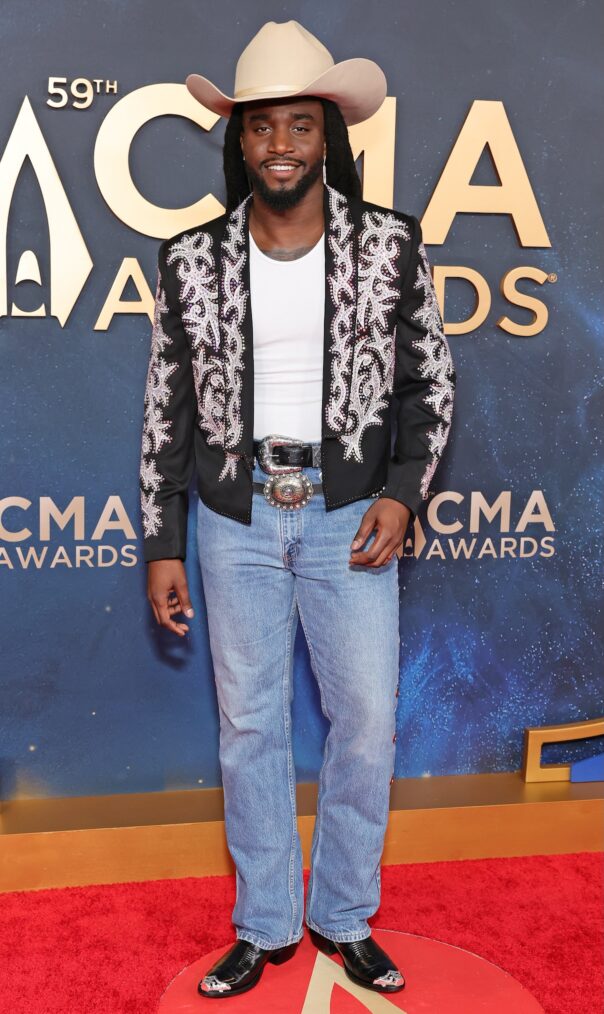 NASHVILLE, TENNESSEE - NOVEMBER 19: EDITORIAL USE ONLY Shaboozey attends the 59th Annual CMA Awards at Music City Center on November 19, 2025 in Nashville, Tennessee. (Photo by Emma McIntyre/Getty Images)