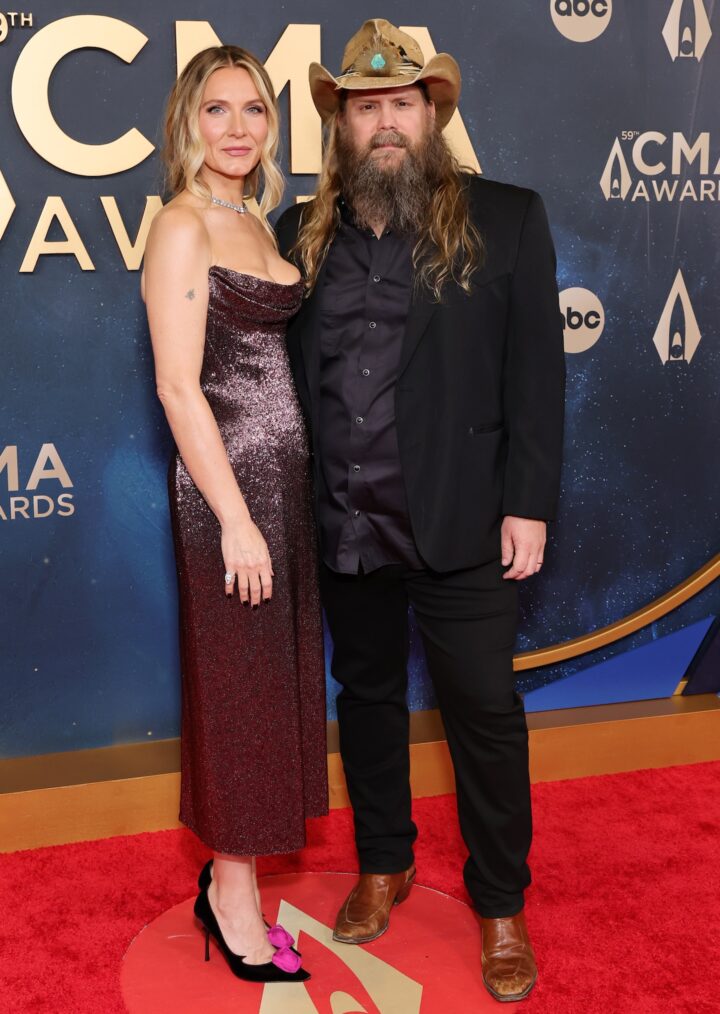 NASHVILLE, TENNESSEE - NOVEMBER 19: EDITORIAL USE ONLY (L-R) Morgane Stapleton and Chris Stapleton attend the 59th Annual CMA Awards at Music City Center on November 19, 2025 in Nashville, Tennessee. (Photo by Emma McIntyre/Getty Images)