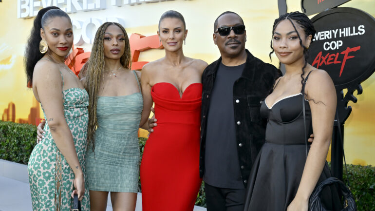 Bria Murphy, Shayne Audra Murphy, Paige Butcher, Eddie Murphy and Bella Murphy attend the Beverly Hills Cop: Axel F World Premiere