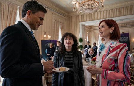 Ivan Hernandez as Alec Bloom, Sarah Steele as Marissa Gold and Carrie Preston as Elsbeth Tascioni in 'Elsbeth' Season 3 Episode 5, 'Poetic Justice'