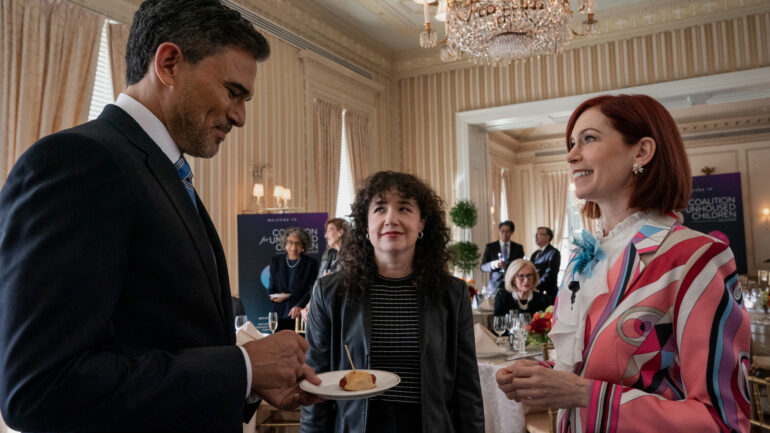 Ivan Hernandez as Alec Bloom, Sarah Steele as Marissa Gold and Carrie Preston as Elsbeth Tascioni in 'Elsbeth' Season 3 Episode 5, 'Poetic Justice'