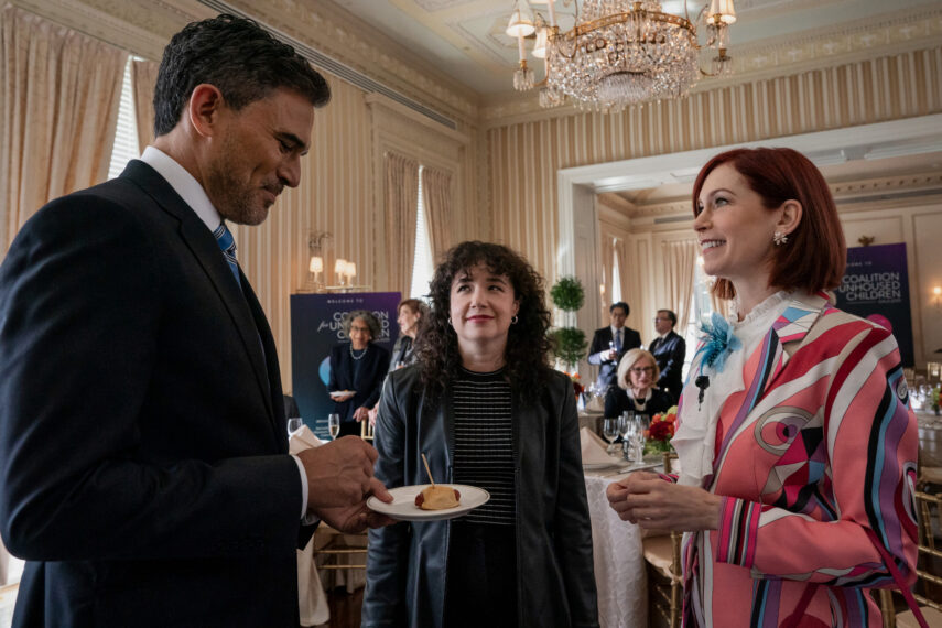 Ivan Hernandez as Alec Bloom, Sarah Steele as Marissa Gold and Carrie Preston as Elsbeth Tascioni in 'Elsbeth' Season 3 Episode 5, 'Poetic Justice'