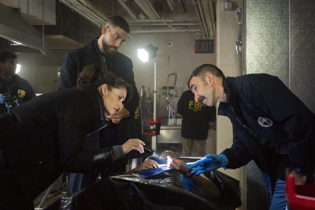 Missy Peregrym as Special Agent Maggie Bell, Zeeko Zaki as Special Agent Omar Adom ‘OA’ Zidan, and Thomas Philip O’Neill as M.E. Mosbach — 'FBI' Season 8 Episode 9 