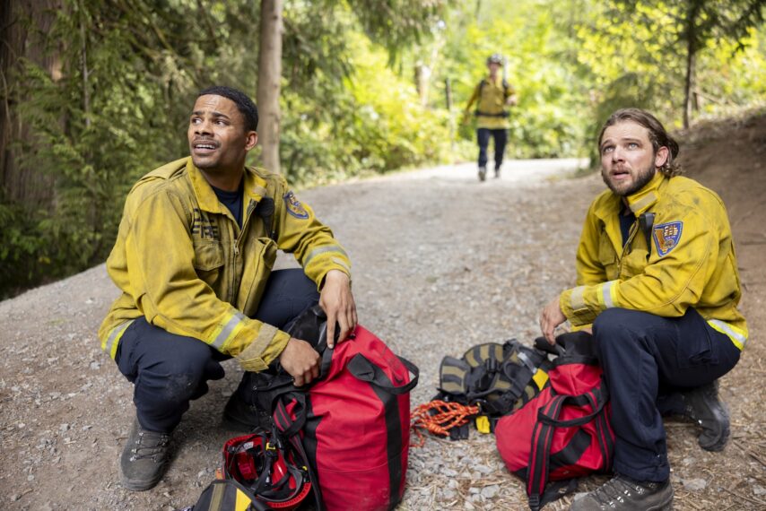 Jordan Calloway as Jake Crawford and Max Thieriot as Bode Leone — 'Fire Country' Season 4 Episode 3 "The Tiny Ways We Start to Heal"