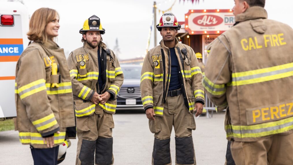 Diane Farr as Sharon Leone, Max Thieriot as Bode Leone, Jordan Calloway as Jake Crawford, and Kevin Alejandro as Manny Perez — 'Fire Country' Season 4 Episode 5 'Happy First Day, Manny'