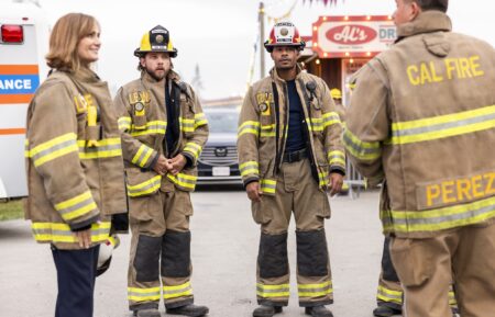 Diane Farr as Sharon Leone, Max Thieriot as Bode Leone, Jordan Calloway as Jake Crawford, and Kevin Alejandro as Manny Perez — 'Fire Country' Season 4 Episode 5 