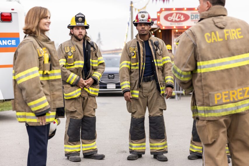 Diane Farr as Sharon Leone, Max Thieriot as Bode Leone, Jordan Calloway as Jake Crawford, and Kevin Alejandro as Manny Perez — 'Fire Country' Season 4 Episode 5
