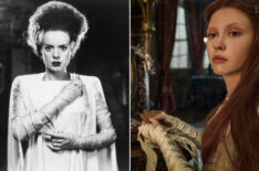 BRIDE OF FRANKENSTEIN, Elsa Lanchester, 1935; FRANKENSTEIN. Mia Goth as Elizabeth in Frankenstein. Cr. Ken Woroner/Netflix © 2025.