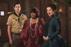 Richie Moriarty, Danielle Pinnock, and Rebecca Wisocky in 'Ghosts' Season 5