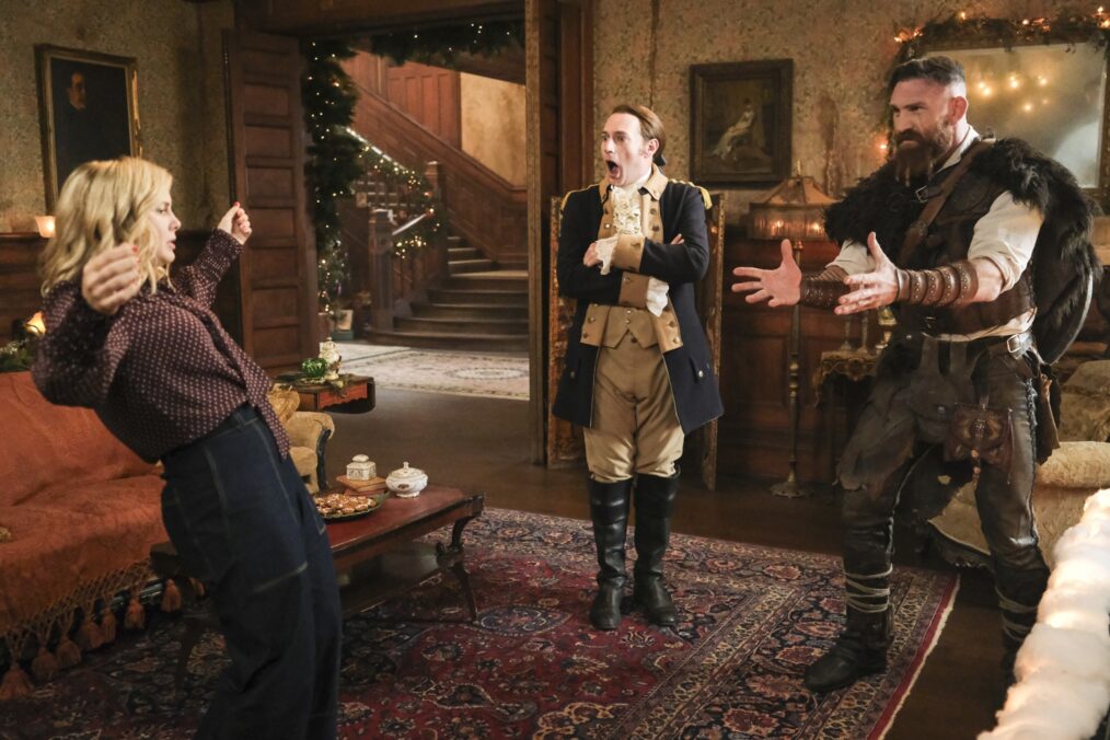 Rose McIver, Brandon Scott Jones, and Devan Chandler Long in 'Ghosts' Season 5