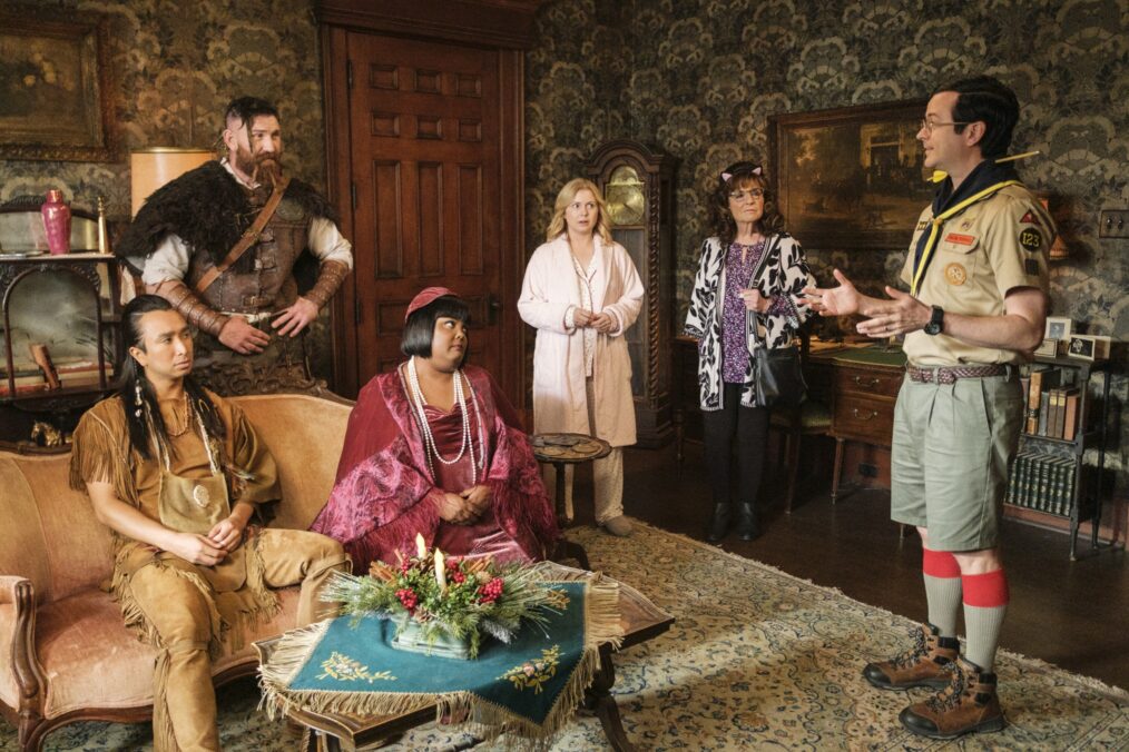 Roman Zargoza, Devan Chandler Long, Danielle Pinnock, Rose McIver, Caroline Aaron, and Richie Moriarty in 'Ghosts' Season 5