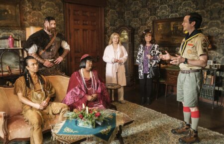 Roman Zargoza, Devan Chandler Long, Danielle Pinnock, Rose McIver, Caroline Aaron, and Richie Moriarty in 'Ghosts' Season 5