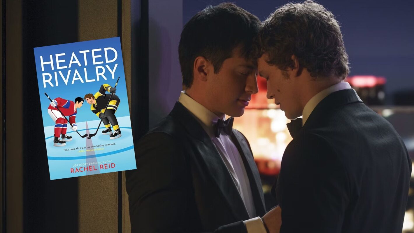 Shane and Ilya in Heated Rivalry Season 1 with book cover
