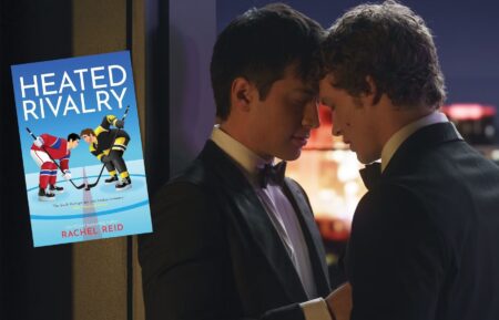 Shane and Ilya in Heated Rivalry Season 1 with book cover