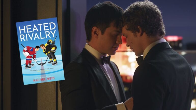 Shane and Ilya in Heated Rivalry Season 1 with book cover