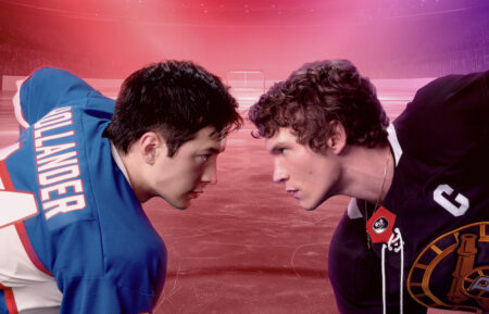 Hudson Williams as Shane Hollander and Connor Storrie as Ilya Rozanov in 'Heated Rivalry'