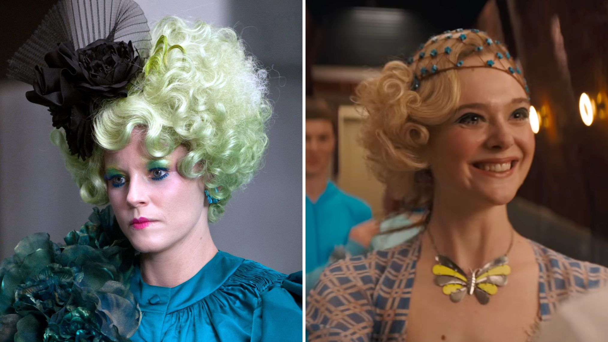 Elizabeth Banks as Effie in 'Hunger Games'; Elle Fanning as Effie in 'Sunrise on the Reaping'