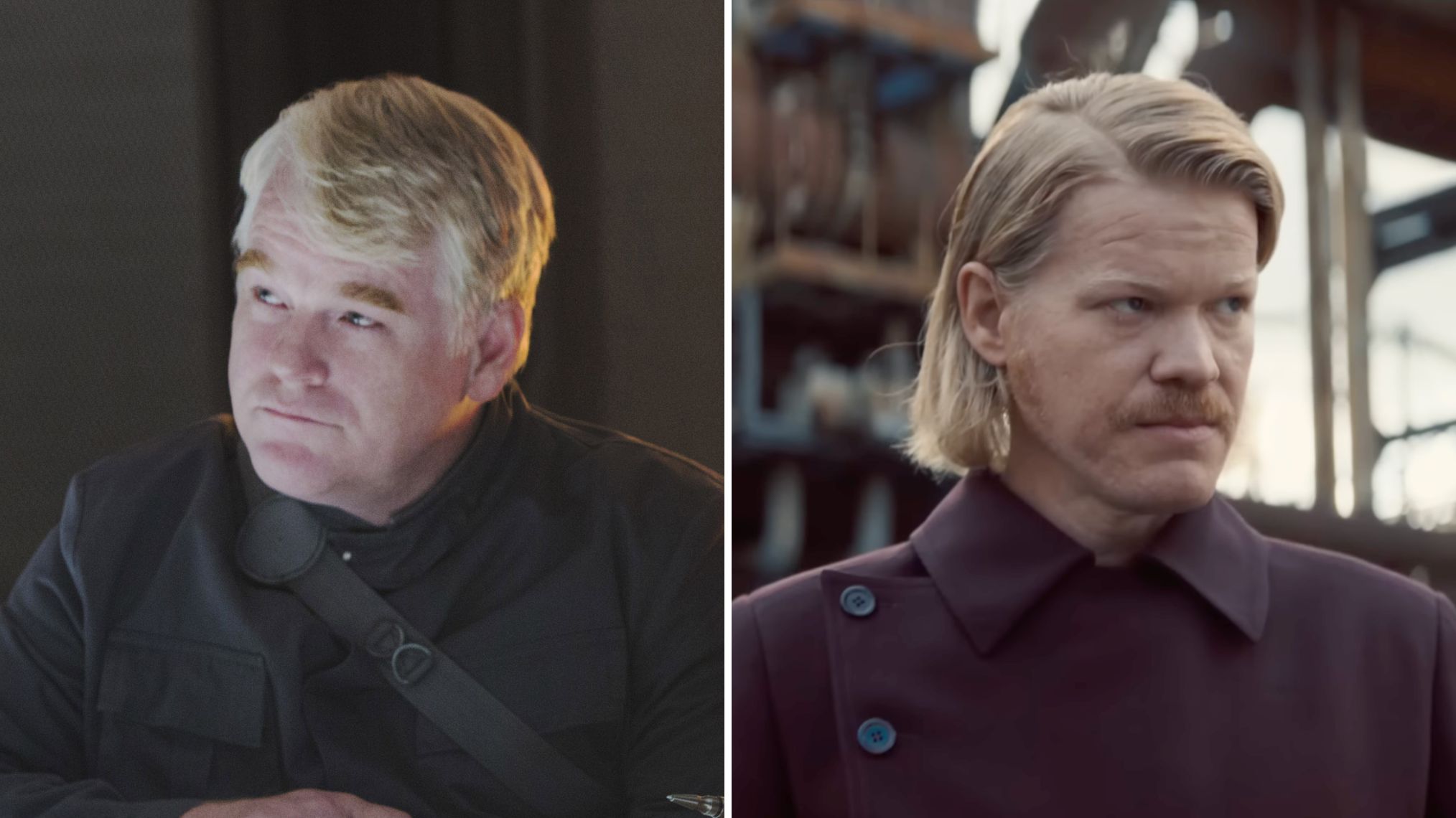 Philip Seymour Hoffman as Plutarch in 'Hunger Games: Mockingjay — Part 1'; Jesse Plemons as Plutarch in 'Sunrise on the Reaping'