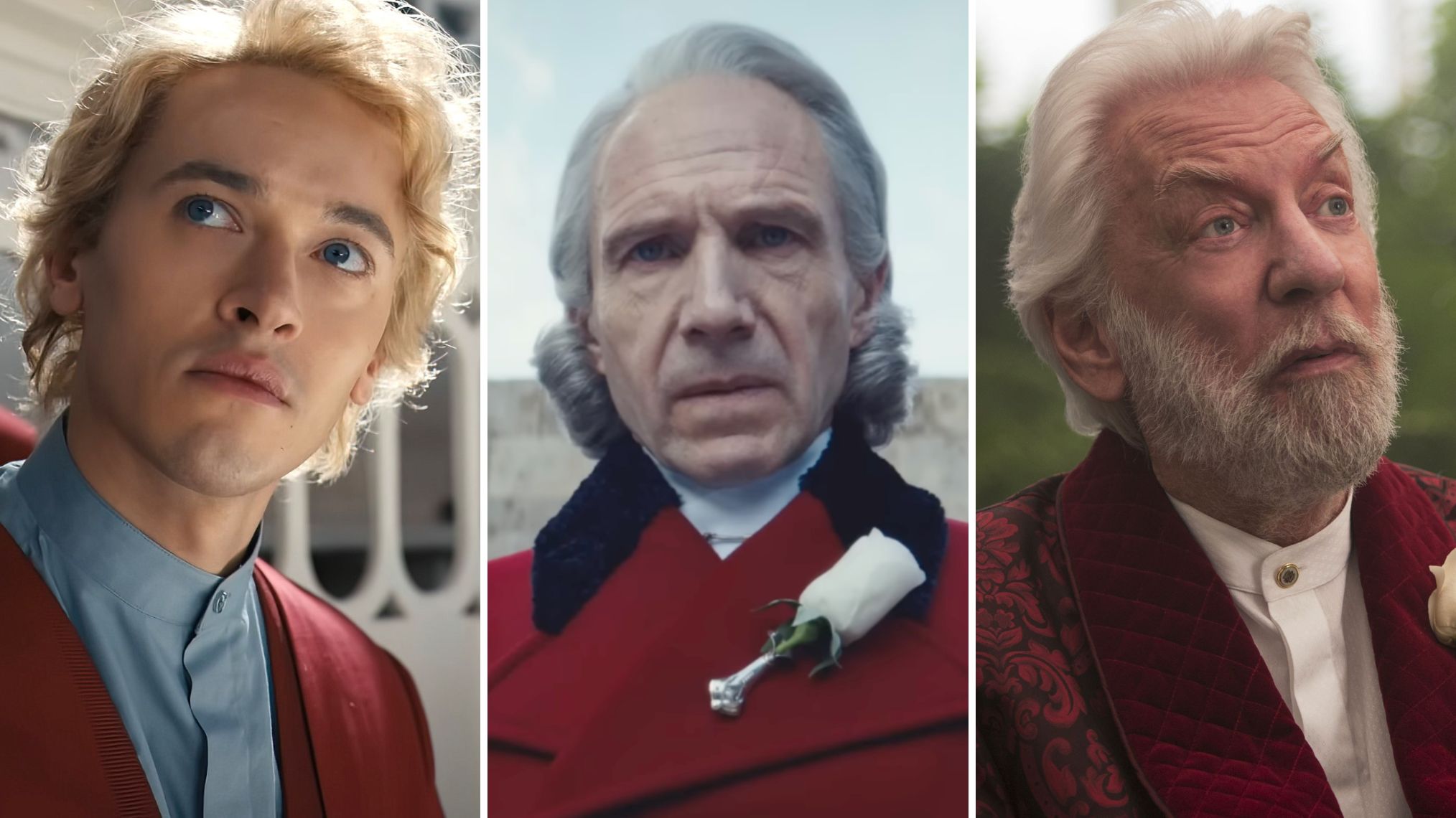 Tom Blyth, Ralph Fiennes, and Donald Sutherland as President Snow in 'The Hunger Games' movies
