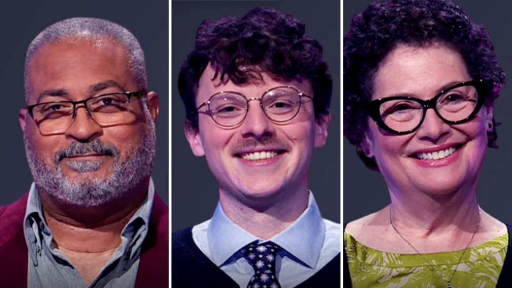 'Jeopardy!' players (from left) Greg Saunders, Harrison Whitaker, and Lynette Perloff, on Season 42, November 12, 2025