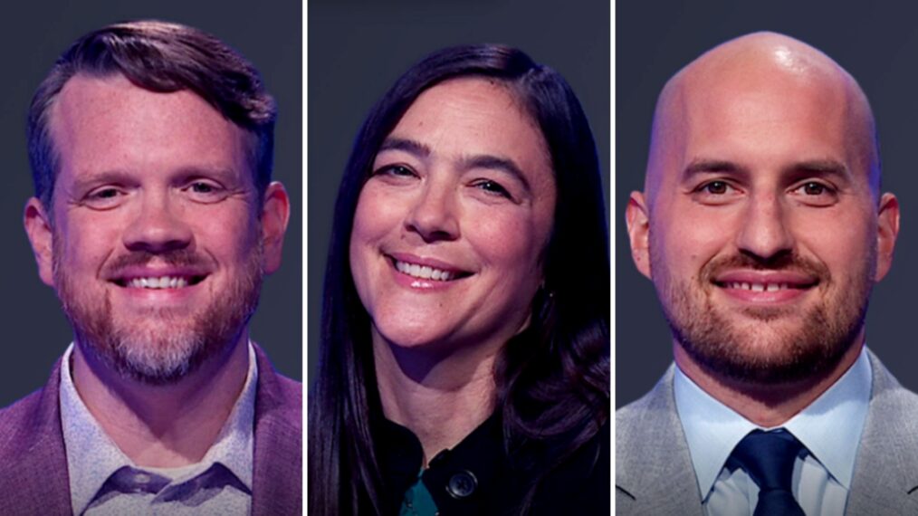 (from left) 'Jeopardy!' contestants Joseph Evans, Joyelle McSweeney, and Aaron Himmel, on November 4, 2025
