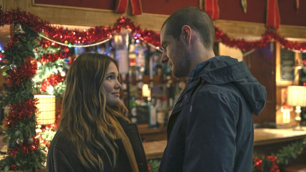 Olivia Holt as Sophia and Connor Swindells as Nick in Jingle Bell Heist