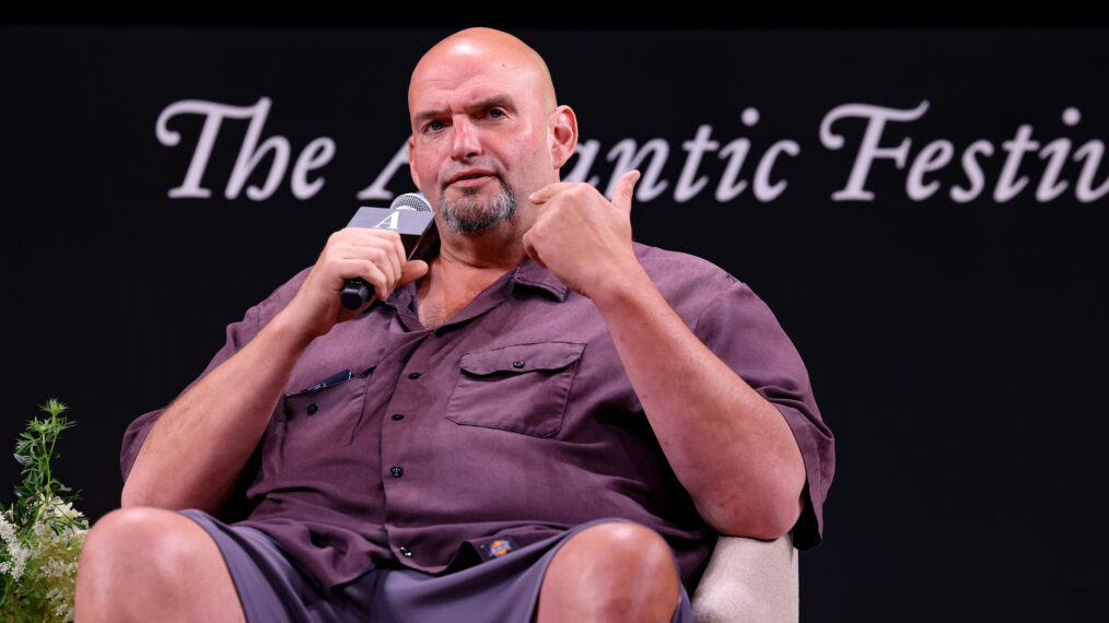 John Fetterman speaks on stage during the 'In Conversation with John Fetterman' panel