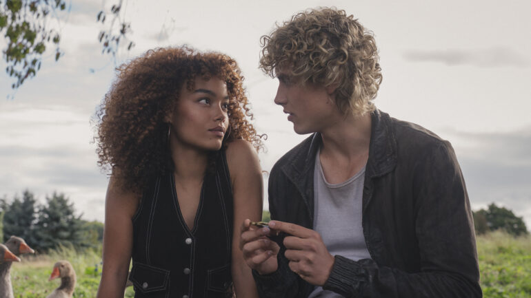 Whitney Peak as Lenore Dove Baird and Joseph Zada as Haymitch Abernathy in 'The Hunger Games: Sunrise on the Reaping'